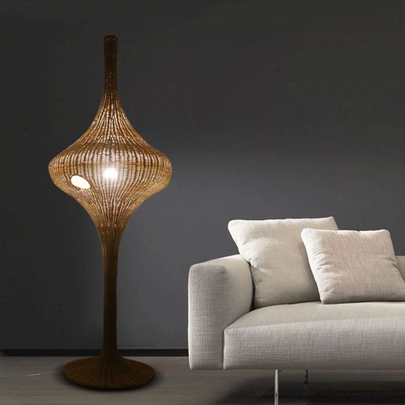 Asia 1 Head Stand Up Lamp Coffee Woven Urn-Like Floor Lighting with Bamboo Shade for Great Room