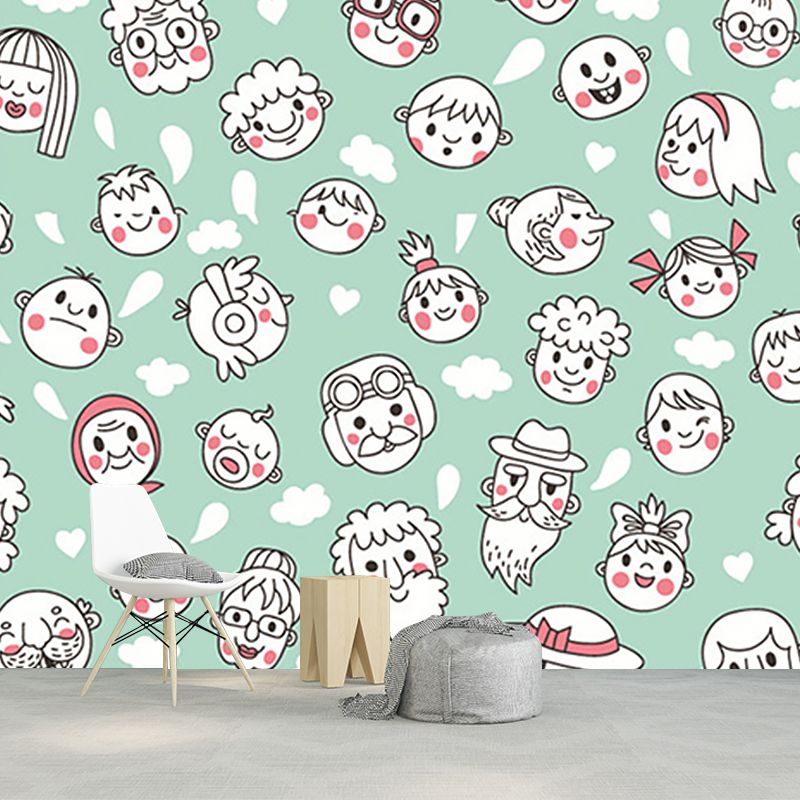 Green-White Face Wallpaper Murals Decorative Cartoon Style Baby Bedroom Wall Art