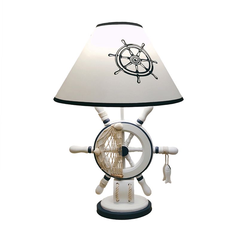 White Tapered Nightstand Lamp Kids 1 Light Fabric Table Lighting with Rudder/Lighthouse Base