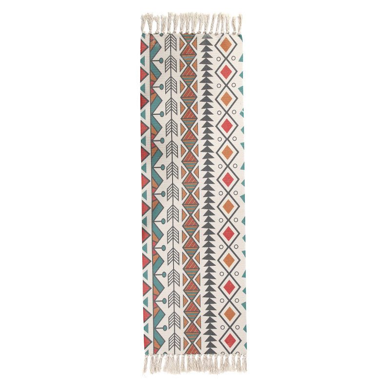 White Tone Bohemian Area Rug Cotton Leaves Print Rug Fringe Indoor Rug for Home Decoration