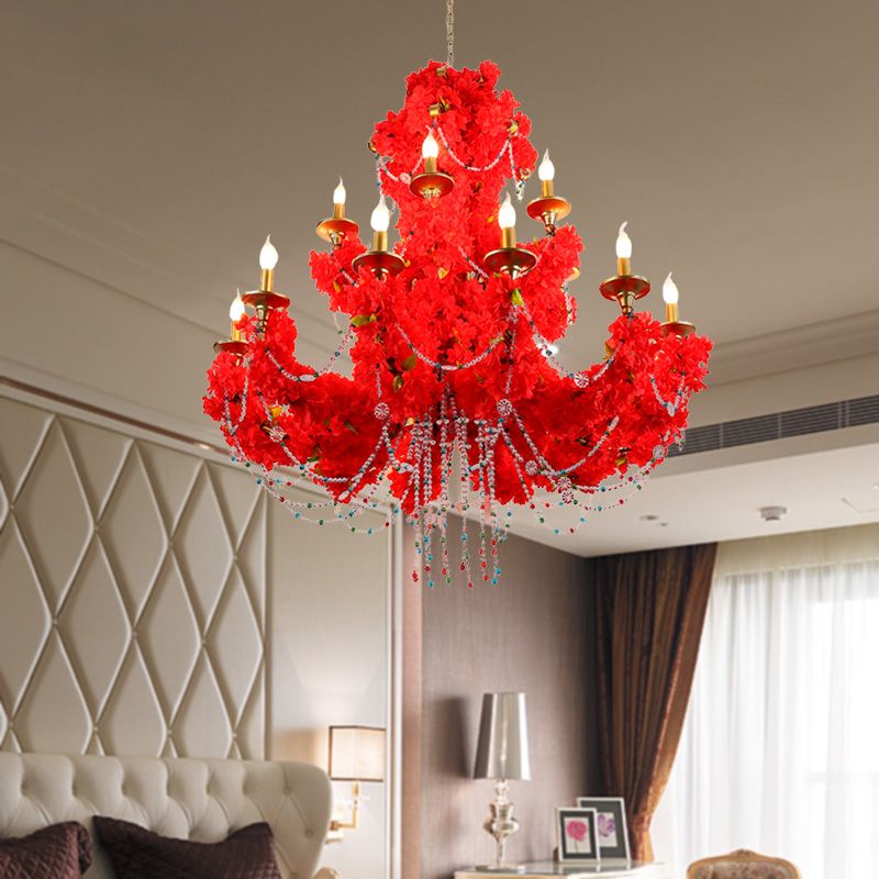 Metal Candle Pendant Chandelier Antique 12 Bulbs Restaurant LED Rose Ceiling Lamp in Red with Crystal Accent