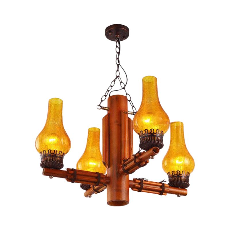 Brown 4 Heads Chandelier Light Farmhouse Yellow Crackle Glass Vase Shade Ceiling Pendant with Bamboo Arm Design