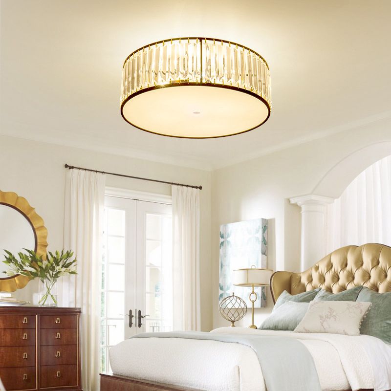 Drum Shade Flush Mount Gold Ceiling Light Fixture with Crystal for Bedroom