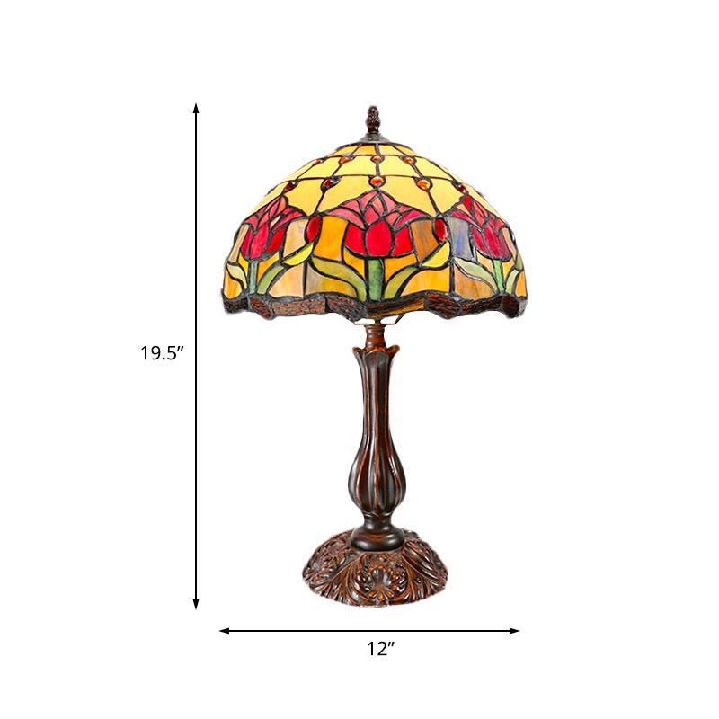 Dome Shade Cut Glass Nightstand Light Tiffany 1 Light Bronze Night Table Lamp with Flower Pattern