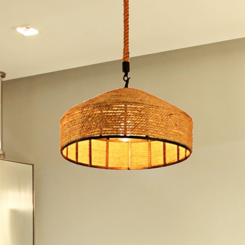 Beige 1-Haupt-Anhänger-Leuchten-Leuchte Antiquierseil mongolische Jurten Formhänge Deckenlampe mit handgewebten Design, 12 "/16" /19.5 "breit