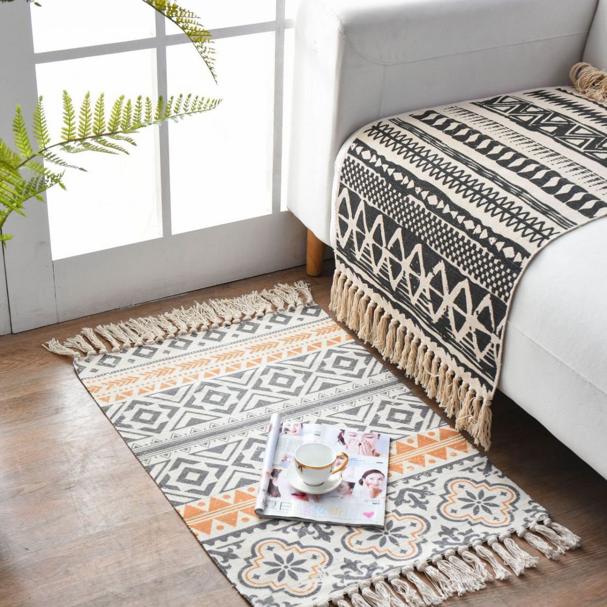 Bohemian Cotton Blend Area Carpet Retro Indoor Rug Living Room Carpet with Fringe