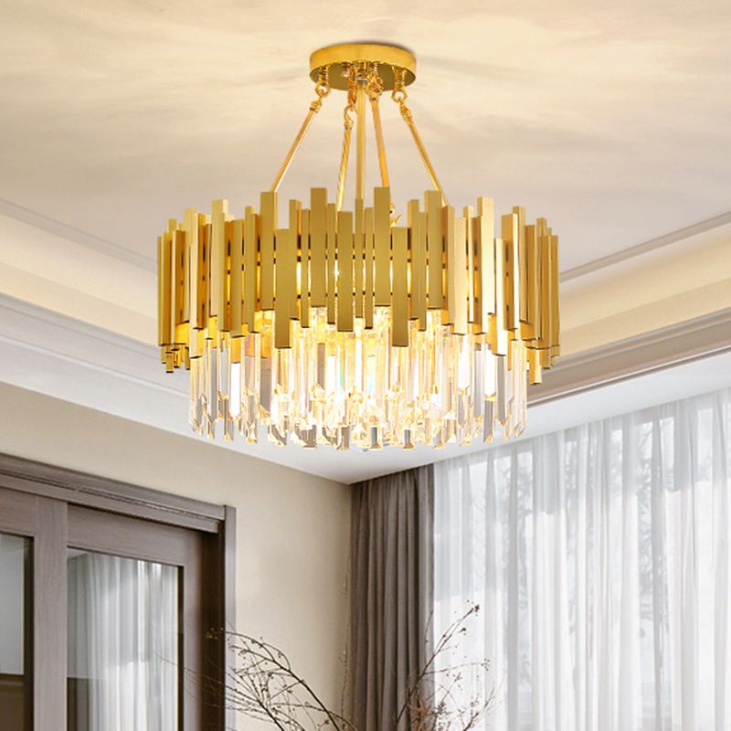 6 Lights Living Room Chandelier Minimalist Gold Ceiling Pendant Light with Drum Crystal Shade