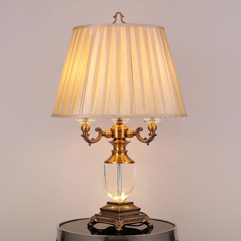 3 Heads Tapered Drum Crystal Task Lamp Modernism Fabric Reading Book Light in Beige