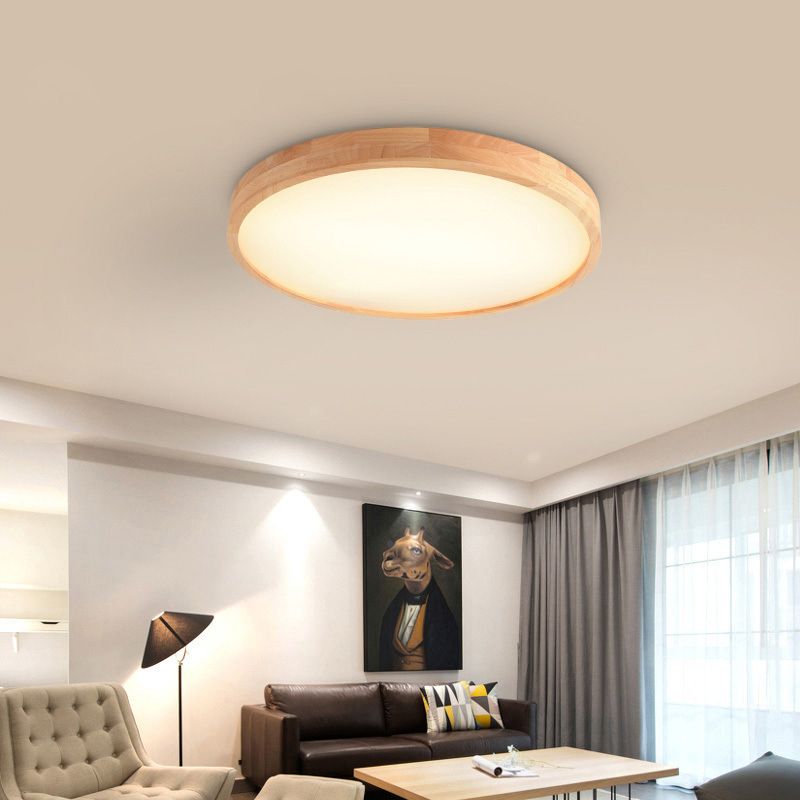 Round Shape Wood Flush Mount Light Modern 1 Light Flush Mount Ceiling Light in Brown