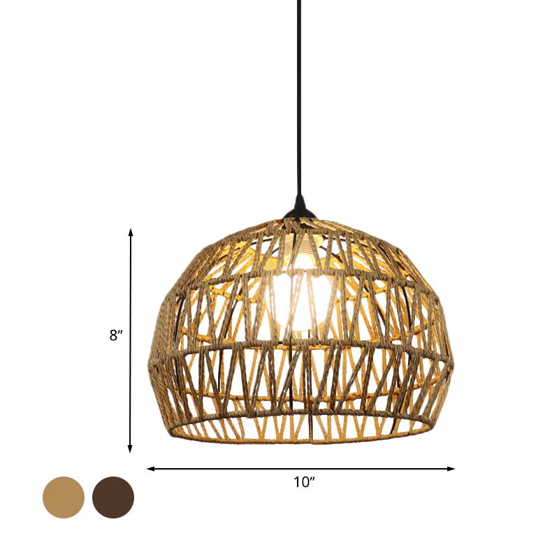 1/3-Bulb Corridor Hanging Light Fixture with Domed Rattan Shade Black/Beige Suspended Lamp