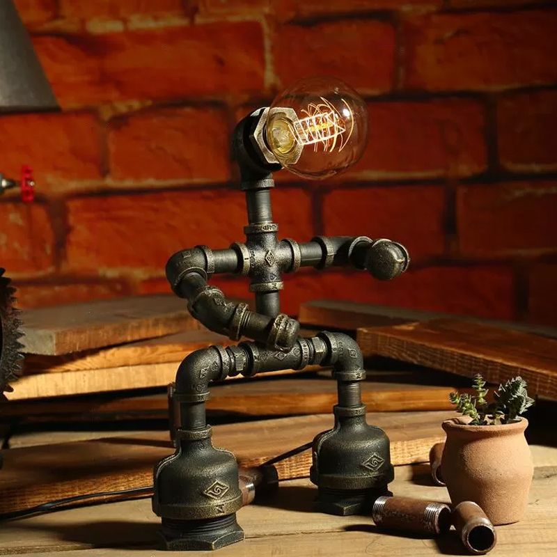 Iron Pipe Robot Night Table Light Cyberpunk Single-Bulb Boys Room Nightstand Lamp in Brass/Copper