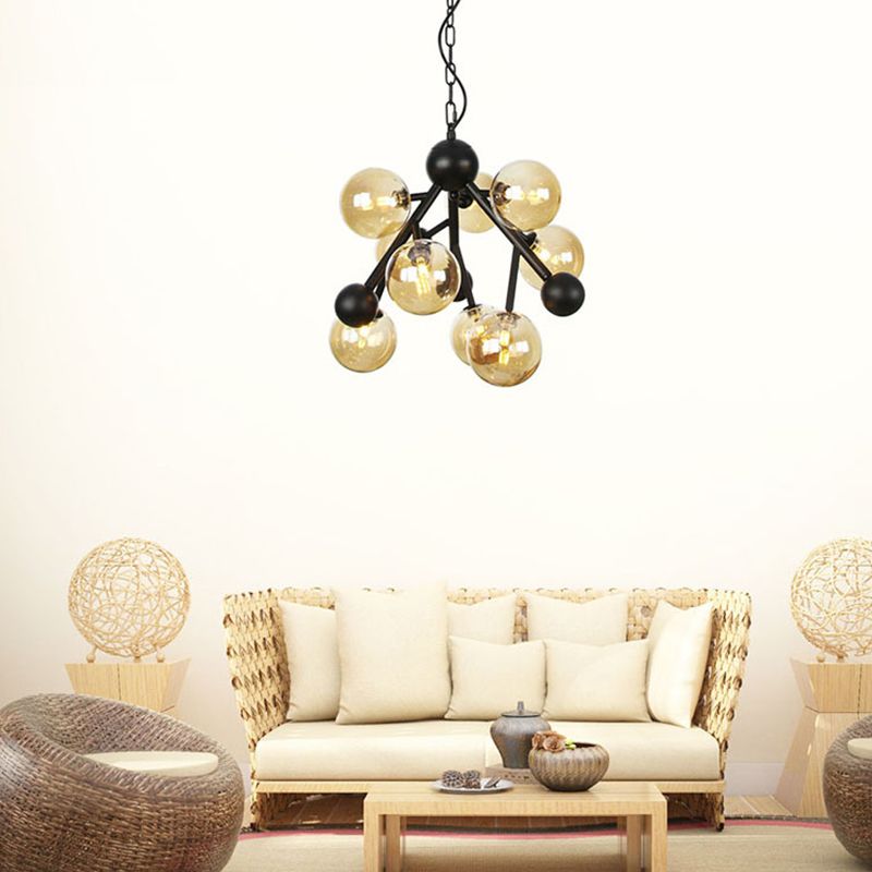 Globe Living Room Chandelier Lighting Amber Glass 9 Heads Modernist Hanging Light Fixture