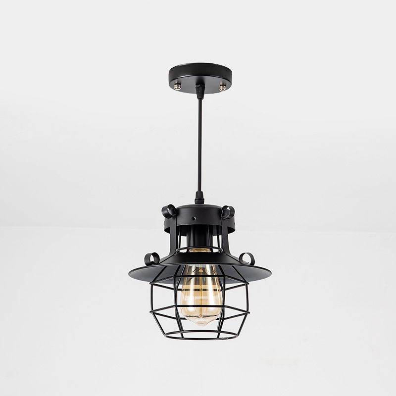 Black Metal 1 Light Pendant Light Light Indsutrial Retro Wire Cage suspendu lampe pour le restaurant