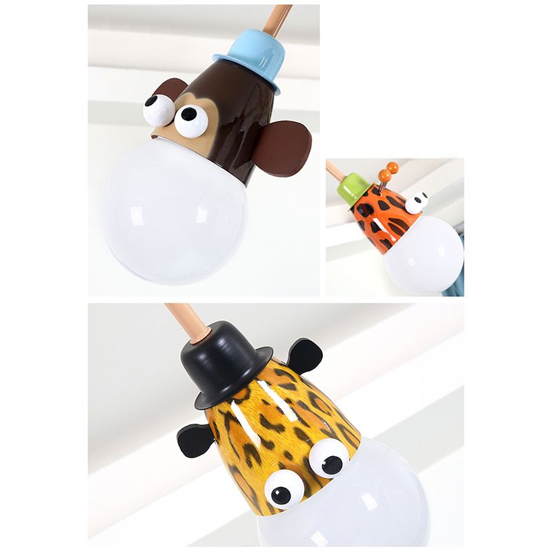 Metal Animal Head Cluster Pendant Cartoon 3 Lights White-Green Hanging Light for Kids Bedroom