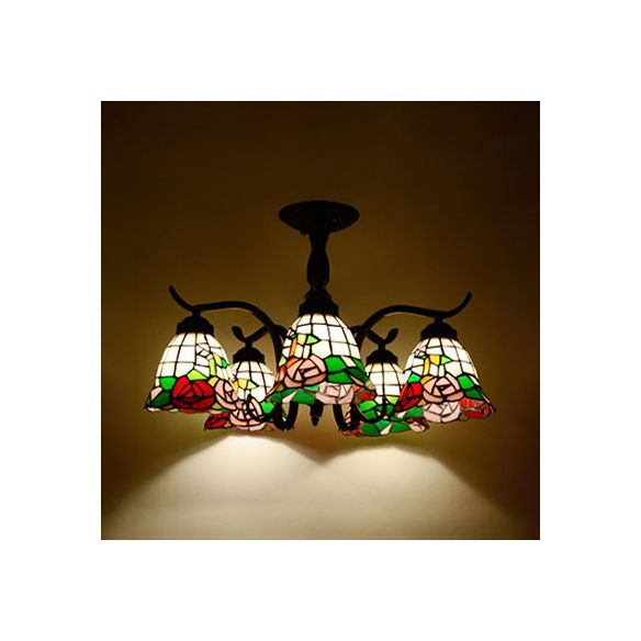 3/5 Lights Semi Flushmount with Shade Tiffany Style Stained Glass Semi Flush Lamp in Red/Blue/Green/Blue-White for Stairway