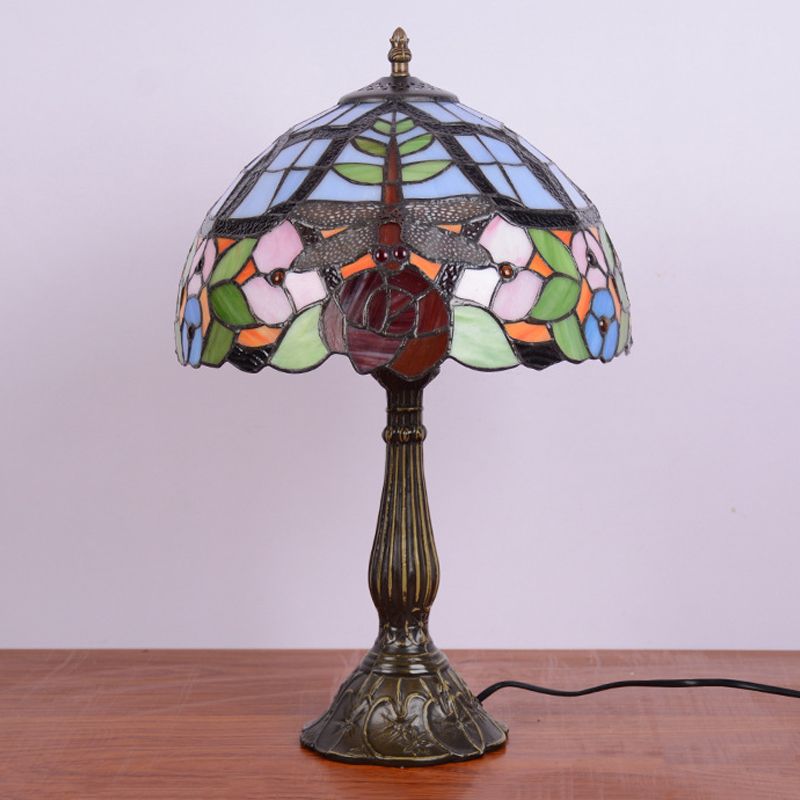 1-Light Nightstand Lamp Tiffany Dragonfly on Rose Orange/Pink/Beige Table Lighting with Bowl Shade