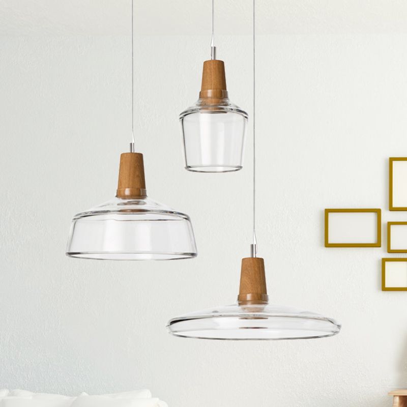 Round Canopy Coffee Shop Multi Pendant Modern Clear/Smoked Glass 3-Light Wood Hanging Ceiling Light