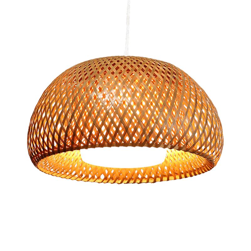 Bamboo Double-Decker Domed Hanging Lamp Rustic 1 Light Suspended Light for Restaurant Dining Room
