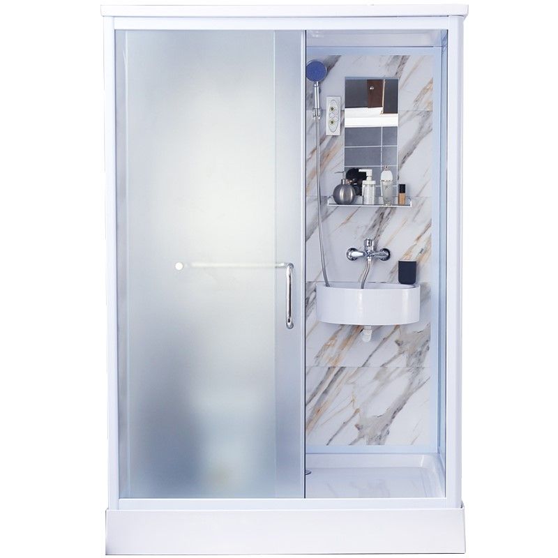 White Framed Frosted Rectangle Shower Stall with Base and Fixed Panel