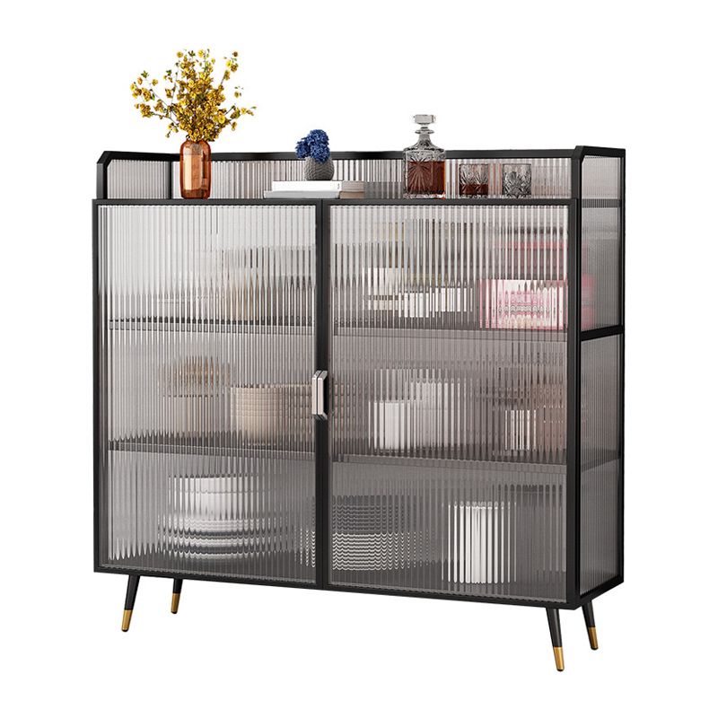 Polished Finish Metal Sideboard Glam Indoor Dining Server with Clear Glass Doors