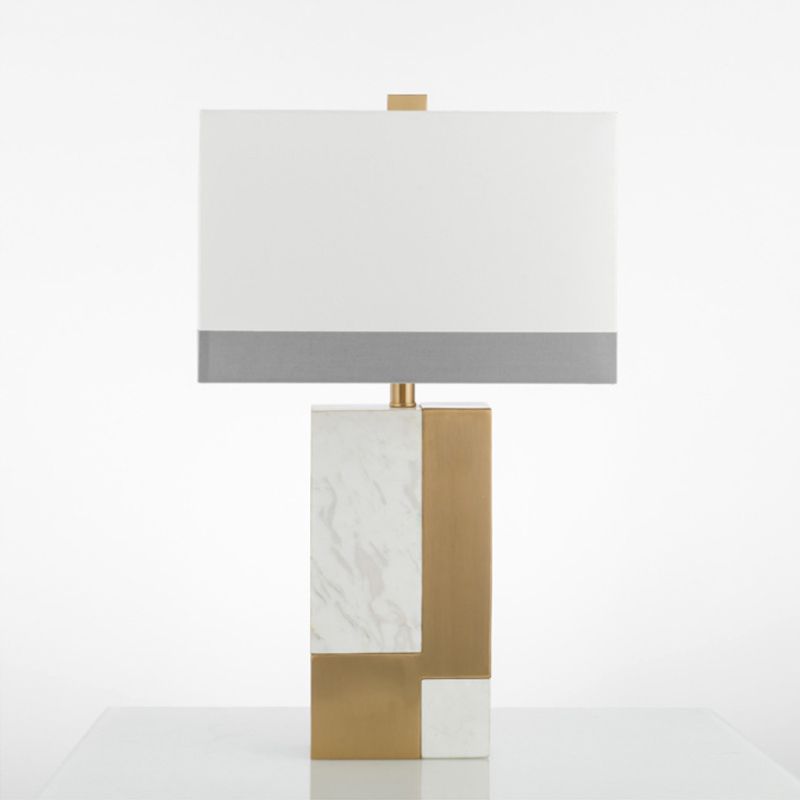 Rectangle Night Stand Light Minimalist Marble 1 Bulb Grey/White and Brass Colorblock Table Lamp with Fabric Shade