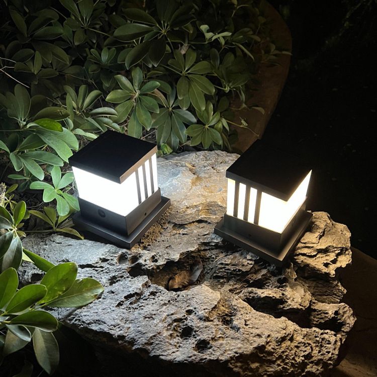 Solar Square Outdoor Lights Black Metal Waterproof Pillar Lamp for Garden