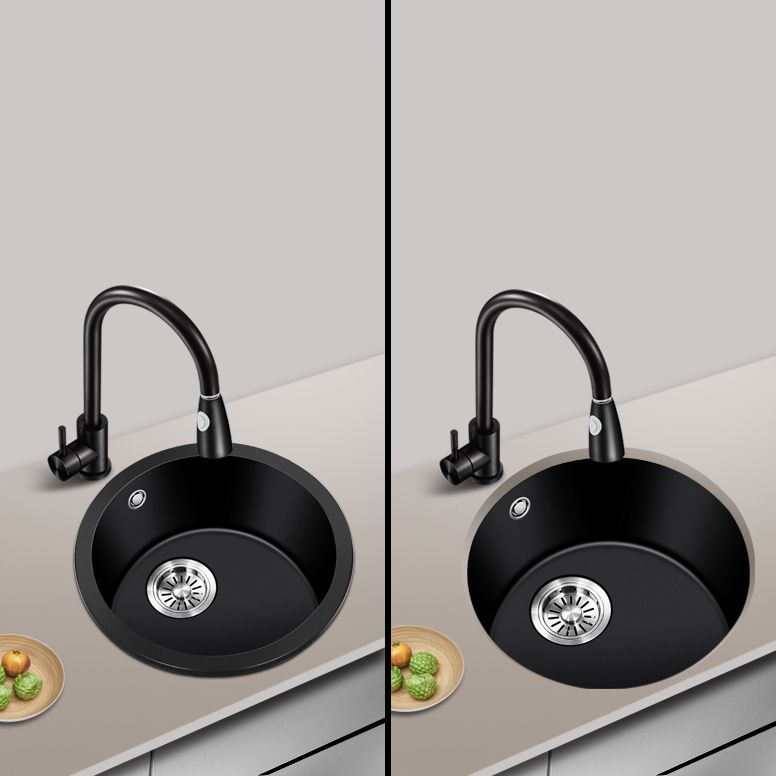 Black Quartz Kitchen Sink Round Single Bowl Sink with Basket Strainer