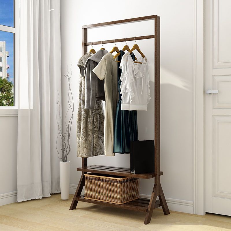 Contemporary Style Coat Hanger Double Shelves Solid Wood Coat Rack for Living Room