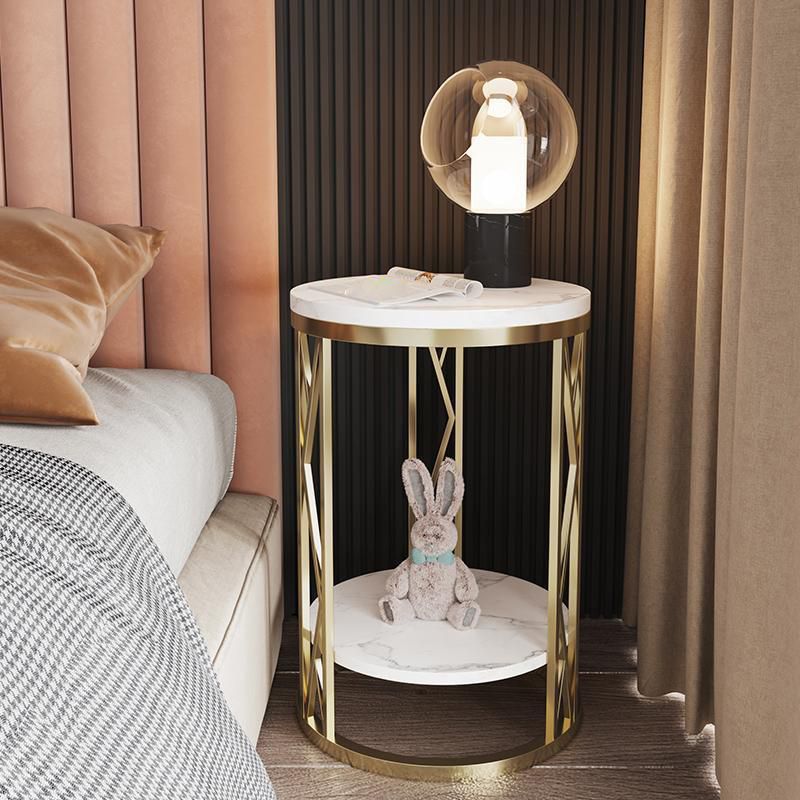 Classic Glam Accent Table Nightstand Stone Bedside Cabinet for Bedroom