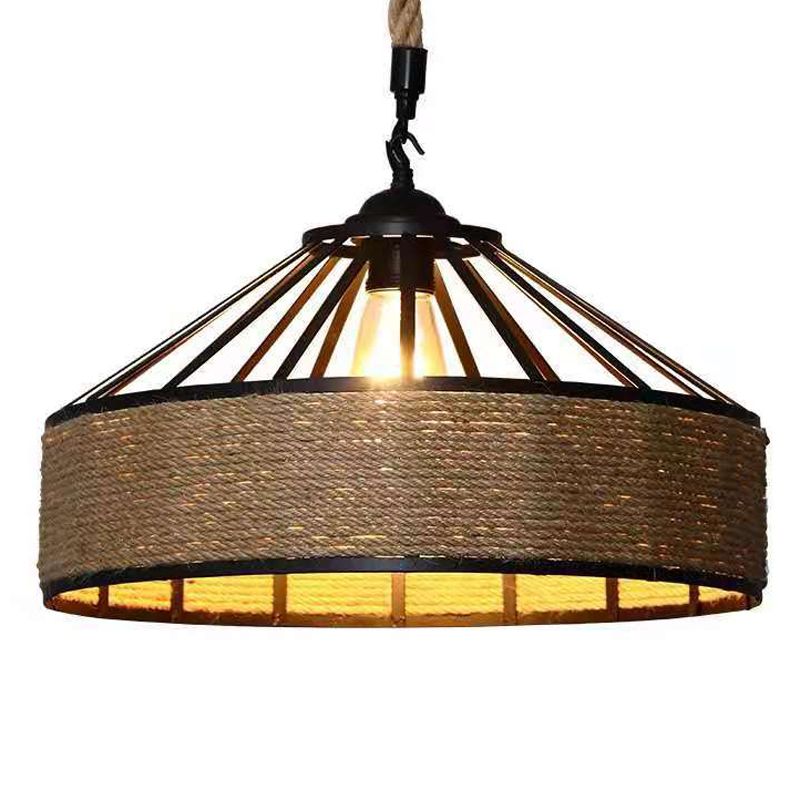 1-Light Cylinder Shade Pendant Lamp, Contemporary Industrial Natural Rope Hanging Light