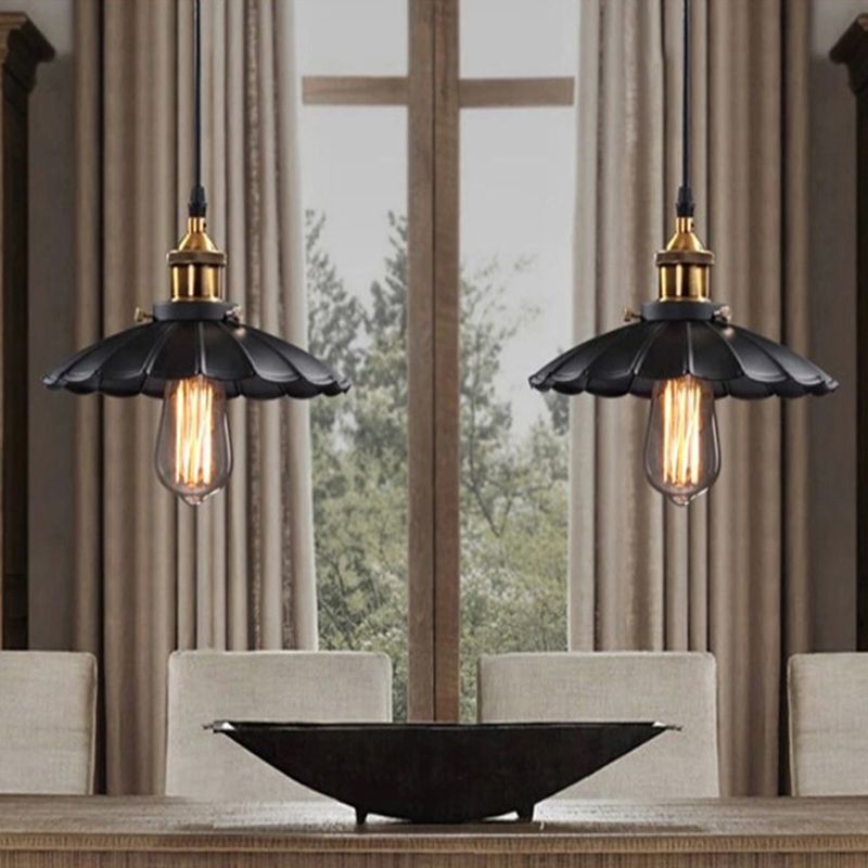 Scalloped Iron Ceiling Suspension Lamp Loft 1 Bulb Dining Room Pendulum Light in Black