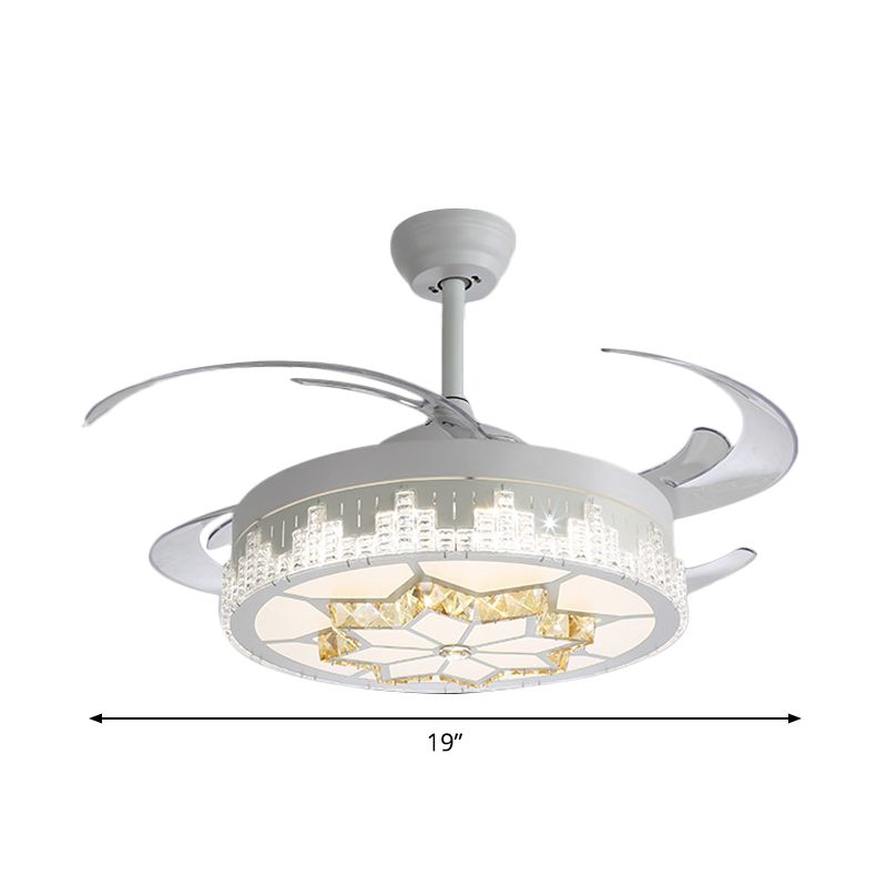 Nordic Round 4-Blade Semi Flush Light Fixture Crystal Living Room LED Hanging Fan Lamp in White, 19" Wide