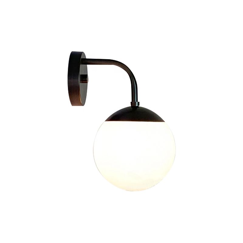 1 Bulb Bedside Sconce Light Minimalist Golden/Black Wall Lamp with Milky Glass Ball Shade