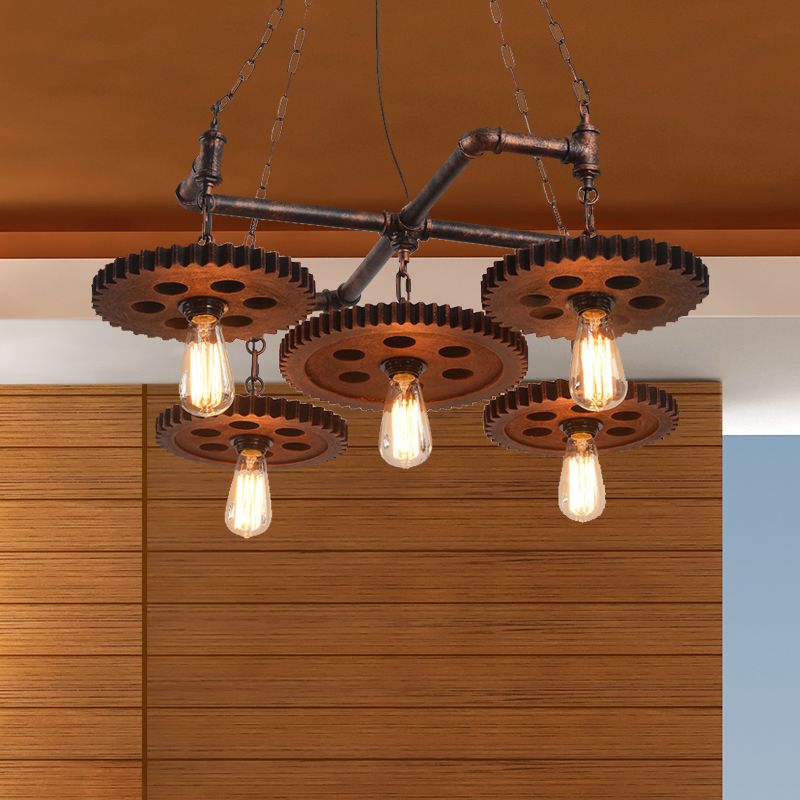 5 Lights Metal Chandelier Lamp Farmhouse Bronze Open Bulb Restaurant Hanging Light Kit