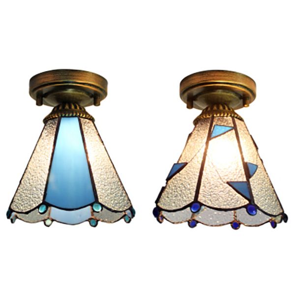 Stained Glass Dome Flush Light  with Triangle/Blue Square/Blue Leaf/Square/Blue Diamond/Diamond Parrern 1 Light Mediterranean Flushmount in Brass Finish