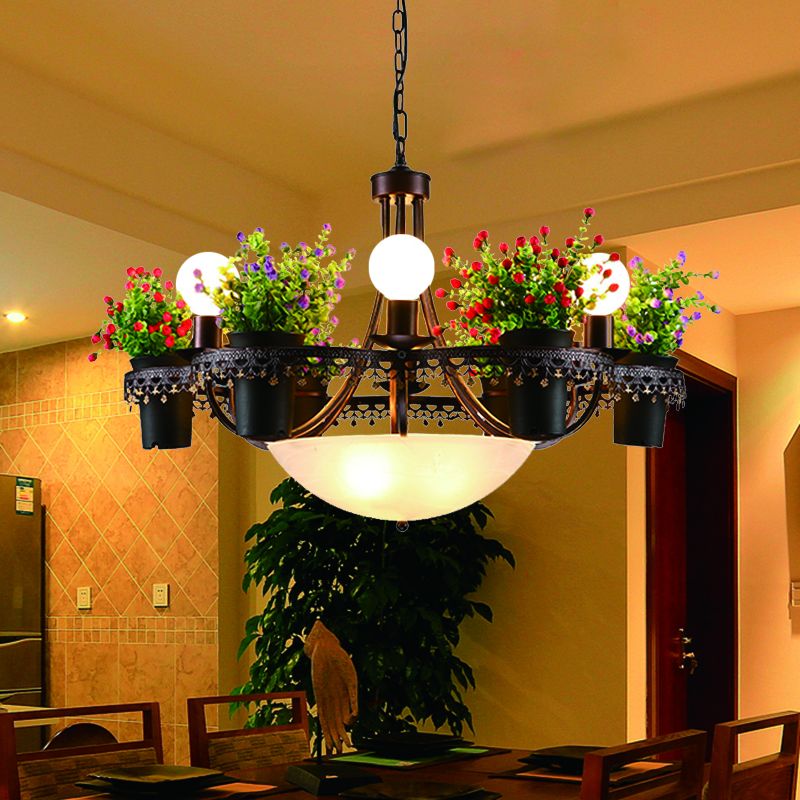 Bowl Restaurant Chandelier Pendant Light Opal Glass 9-Bulb Black Ceiling Lamp with Potted Plant