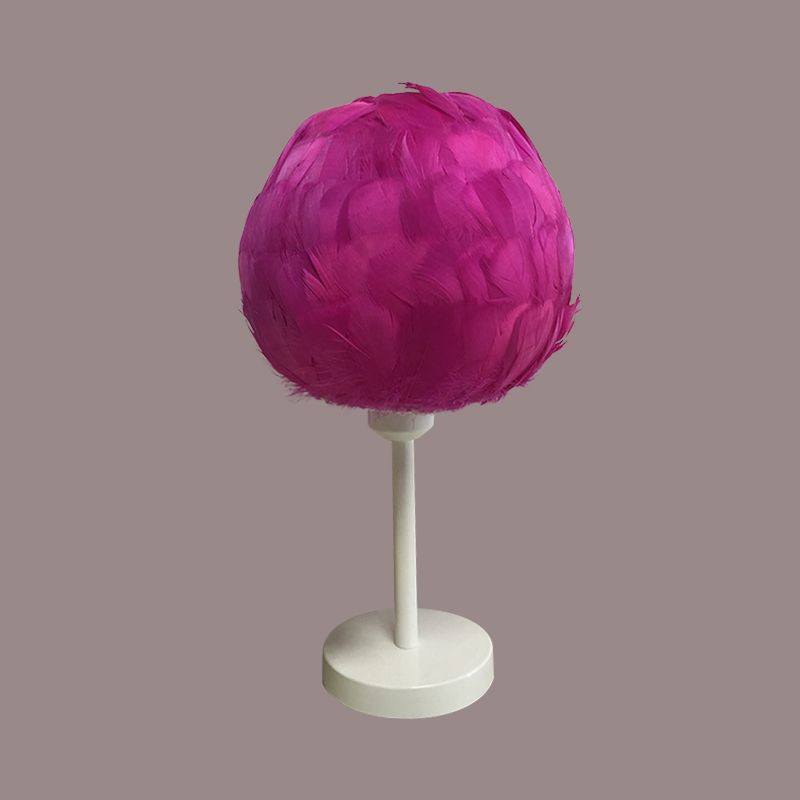 Handmade Sphere Feather Table Light Nordic Style 1-Light White/Pink/Rose Red Nightstand Lamp with Plug-in Cord