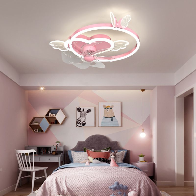 Remote Control Heart Shaped Acrylic Fan Lamp Cartoon LED Semi Flush Ceiling Light for Kids Room