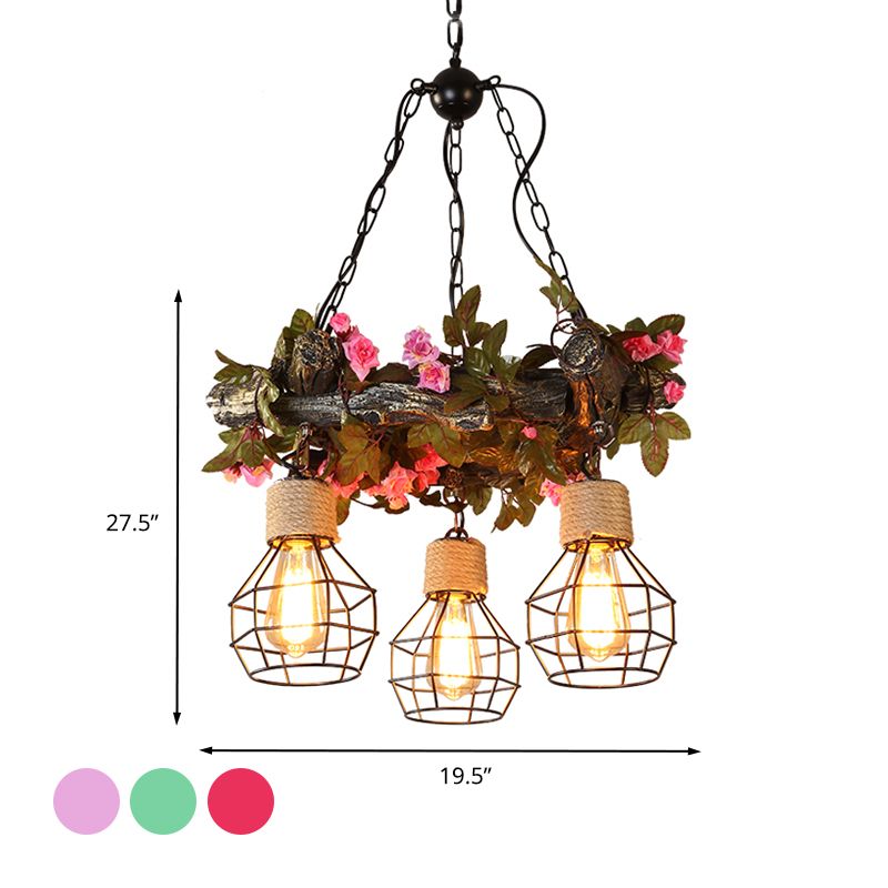 Industrial Bulb Ceiling Chandelier 3 Bulbs Metal LED Hanging Light Fixture in Red/Pink/Green with Flower/Plant/Maple Leaf