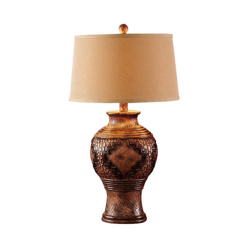 Brown Barrel Shade Desk Light Retro Style Fabric 1-Head Table Lamp with Vase-Shaped Base