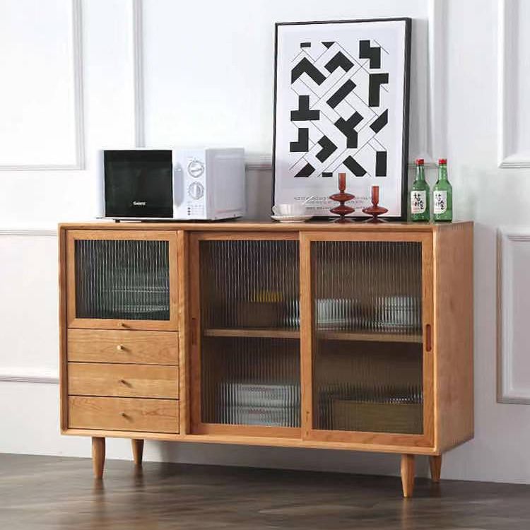 3-Drawer Pine Wood Sideboard Modern Glass Sliding Door Cabinets Credenza for Living Room