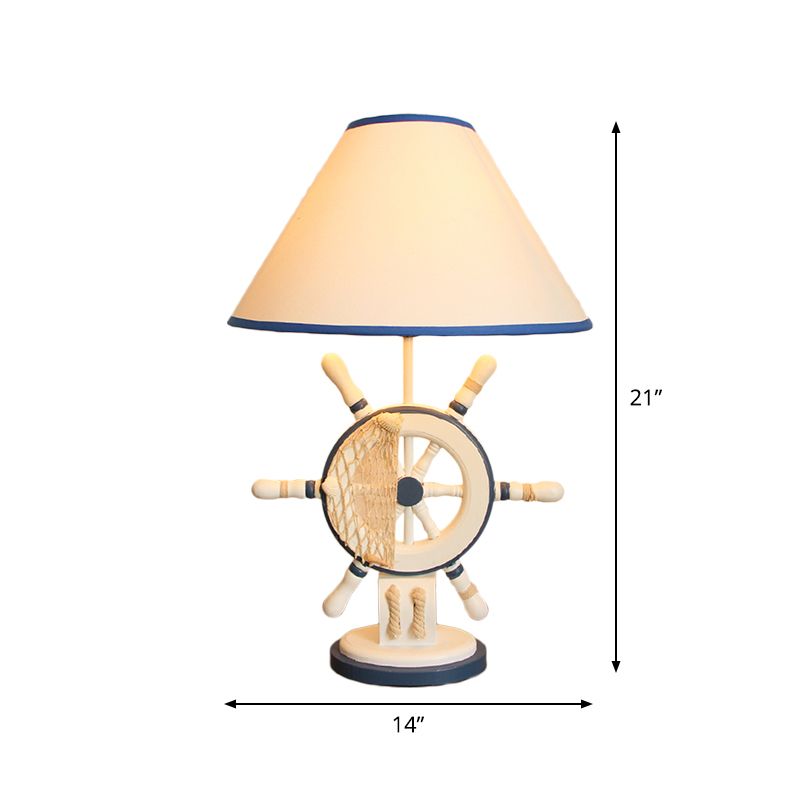 Resin Rudder Base Desk Lamp Children Single Bulb Blue Night Light with Cone White Fabric Shade