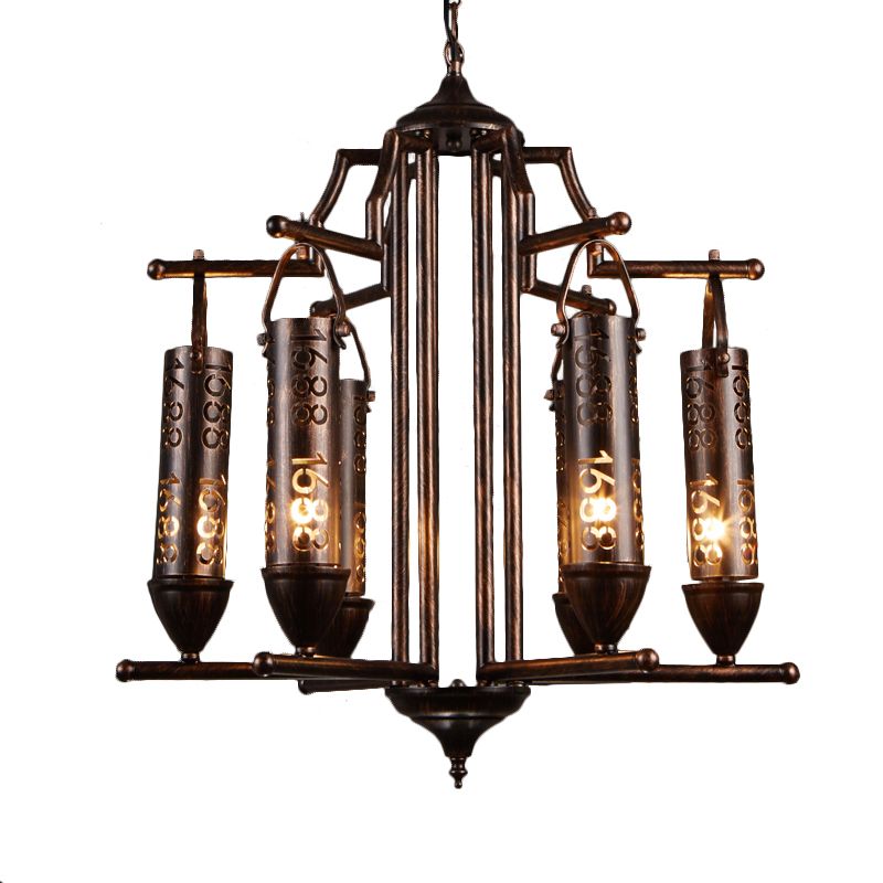 Iron Flute Hanging Light with Number Design Creative Chandelier in Rust for Bar