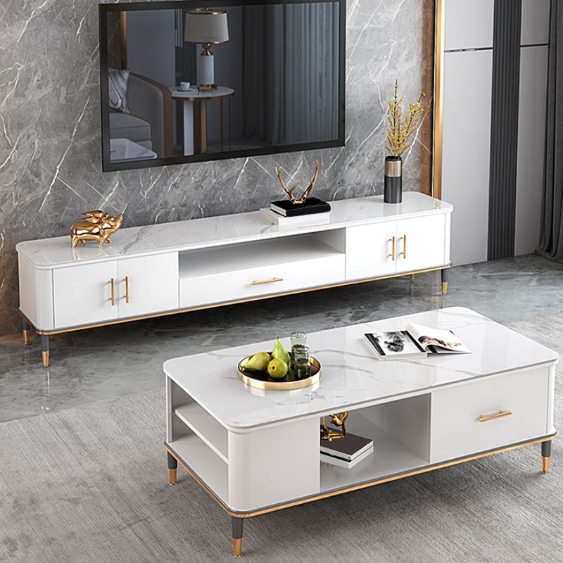 Glam Open Shelving Media Console Stone TV Stand with Drawers