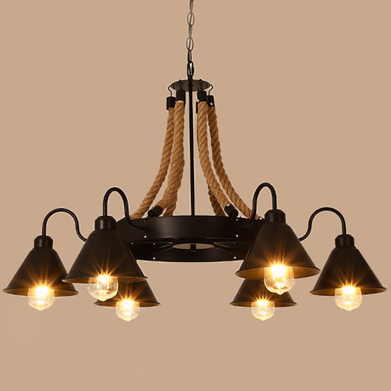 Black Dangling Suspension Light Rustic Style Hemp Rope Restaurant Chandelier Light