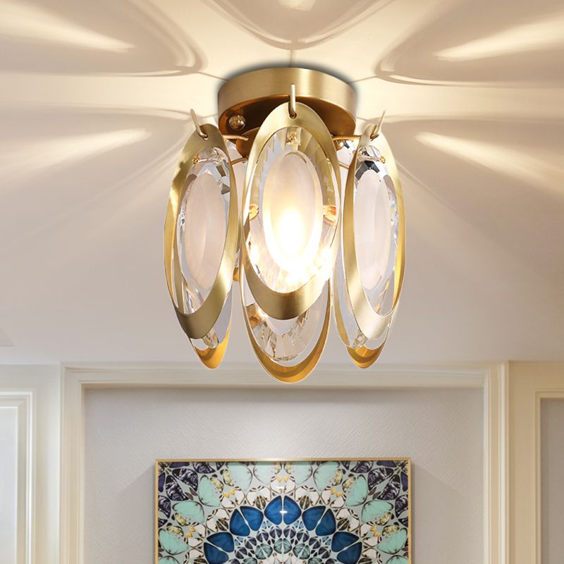 Oval Metal and Crystal Ceiling Light Fixture Modern 1 Light Brass Semi Flush Mount Light