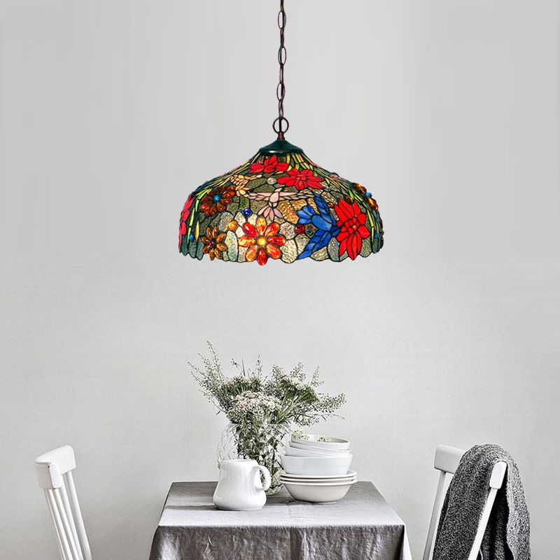 Petal Red/Yellow/Blue Cut Glass Chandelier Light Fixture 3 Lights Bronze Suspension Lighting for Dining Room