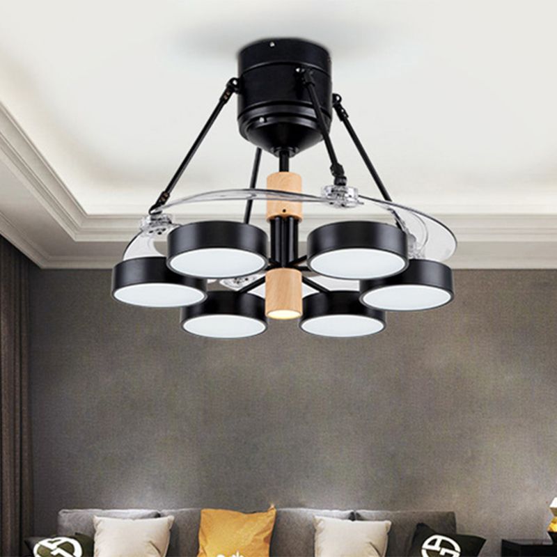 Simplicity Drum Pendant Fan Light Metallic 6-Head 48" W Drawing Room Close to Ceiling Lamp with 4 Clear Blades in Black/White/Pink