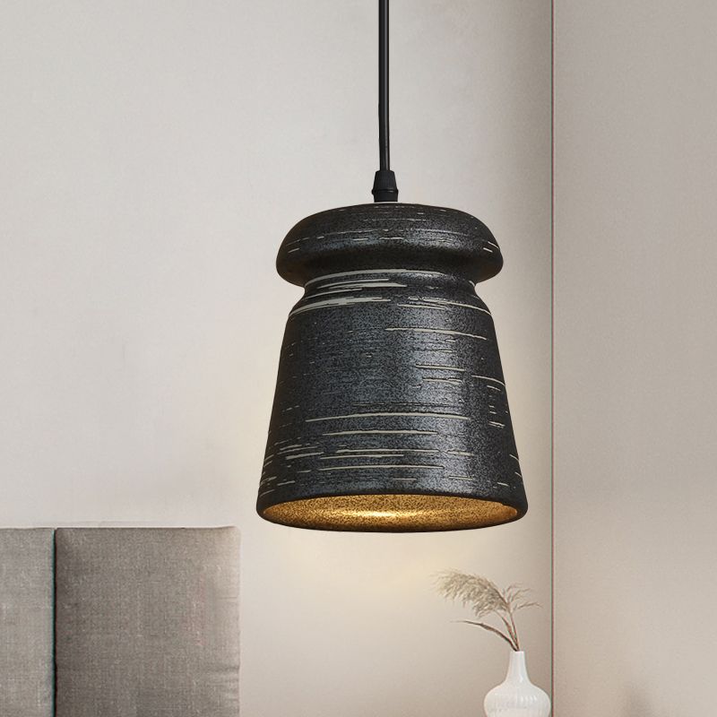 1-Head Cylinder/Urn Hanging Pendant Industrial Style Black Ceramic Suspension Light for Restaurant