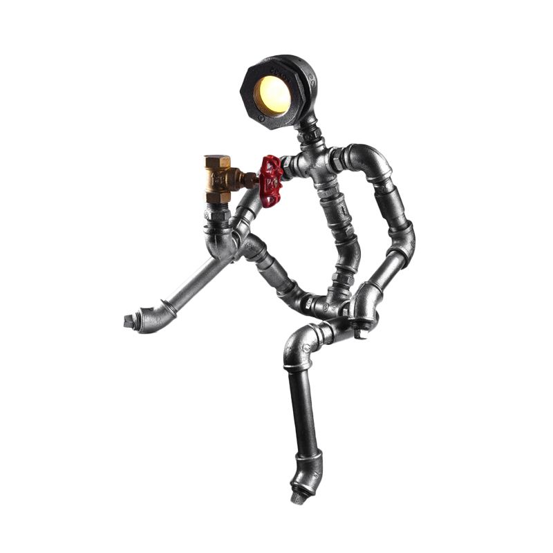 LED Table Light Industrial Thinking Robot Iron Plug-In Night Lamp in Silver with Red Valve